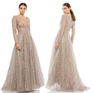 MAC DUGGAL EMBELLISHED ILLUSION LONG SLEEVE WRAP OVER A LINE GOWN #20189